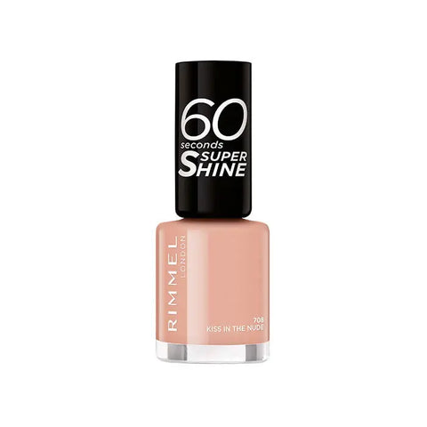 Rimmel 60 Seconds Super Shine nail polish in 708 Kiss In The Nude, featuring a glossy nude shade in a sleek bottle.