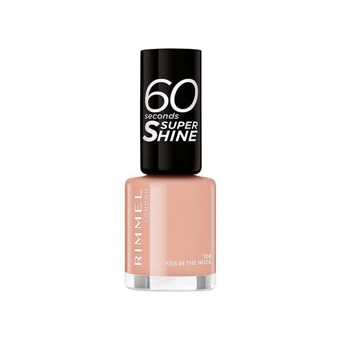 Rimmel 60 Seconds Super Shine lipstick in shade 708 Kiss In The Nude, with glossy nude finish, displayed on a neutral background.