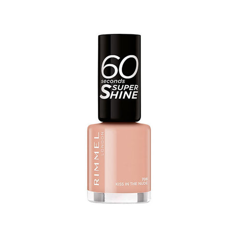 Rimmel 60 Seconds Super Shine lipstick in shade 708 Kiss In The Nude, with glossy nude finish, displayed on a neutral background.