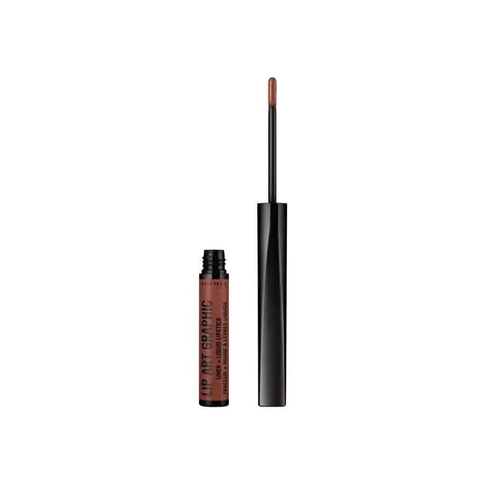 Rimmel London Lip Art Graphic Liner and Liquid Lipstick in shade 760 Brown Sugar, featuring a close-up of the product.