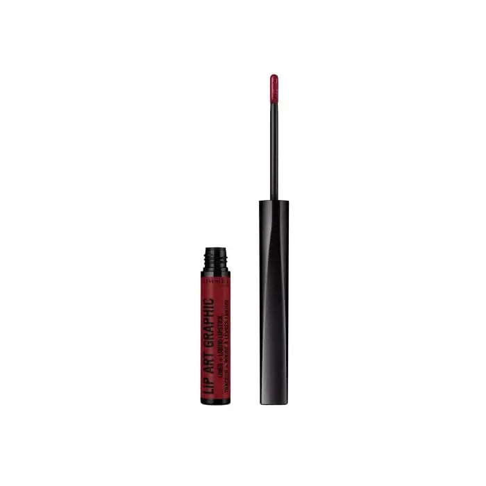 Rimmel London Lip Art Graphic Liner and Liquid Lipstick in shade 810 Be Free, featuring bold lip makeup with graphic liner design