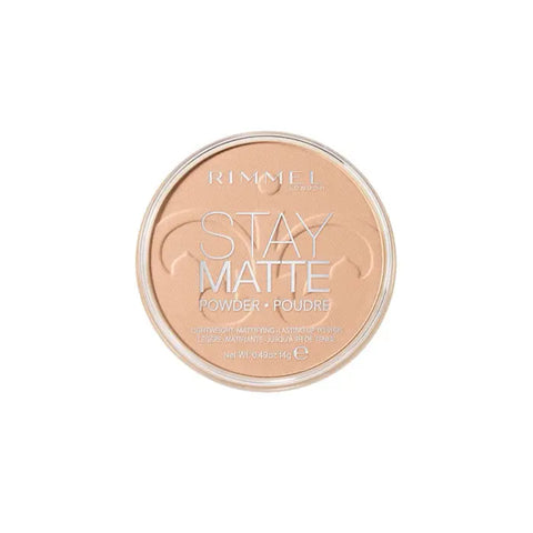 Rimmel Stay Matte Pressed Powder in 005 Silky Beige, pressed face powder with matte finish, shown in a compact case.