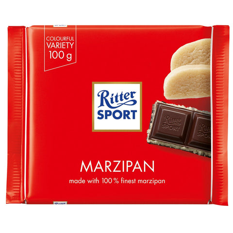 Jag Couture London-New York Ritter Sport dark chocolate covered marzipan bar, close-up view of the chocolate-coated marzipan treat.