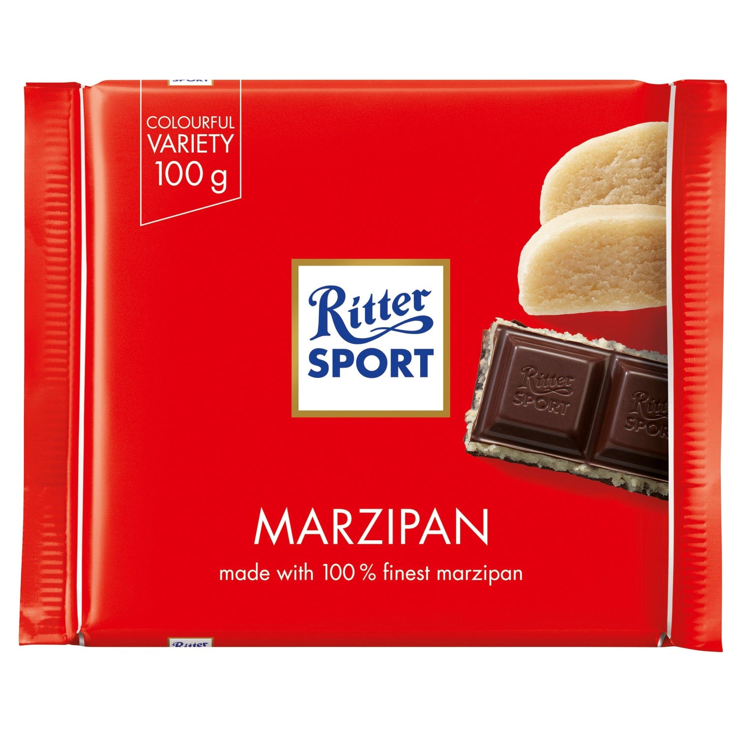 Ritter Sport dark chocolate covered marzipan bar by Jag Couture London - New York, showing the bar with chocolate coating and marzipan filling