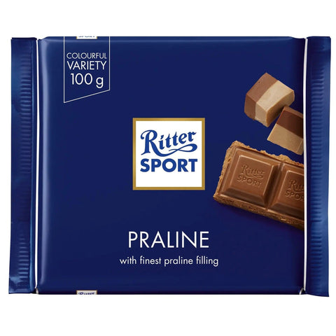 Jag Couture London New York Ritter Sport milk chocolate-covered fine praline bar with smooth, creamy filling and crisp chocolate coating.