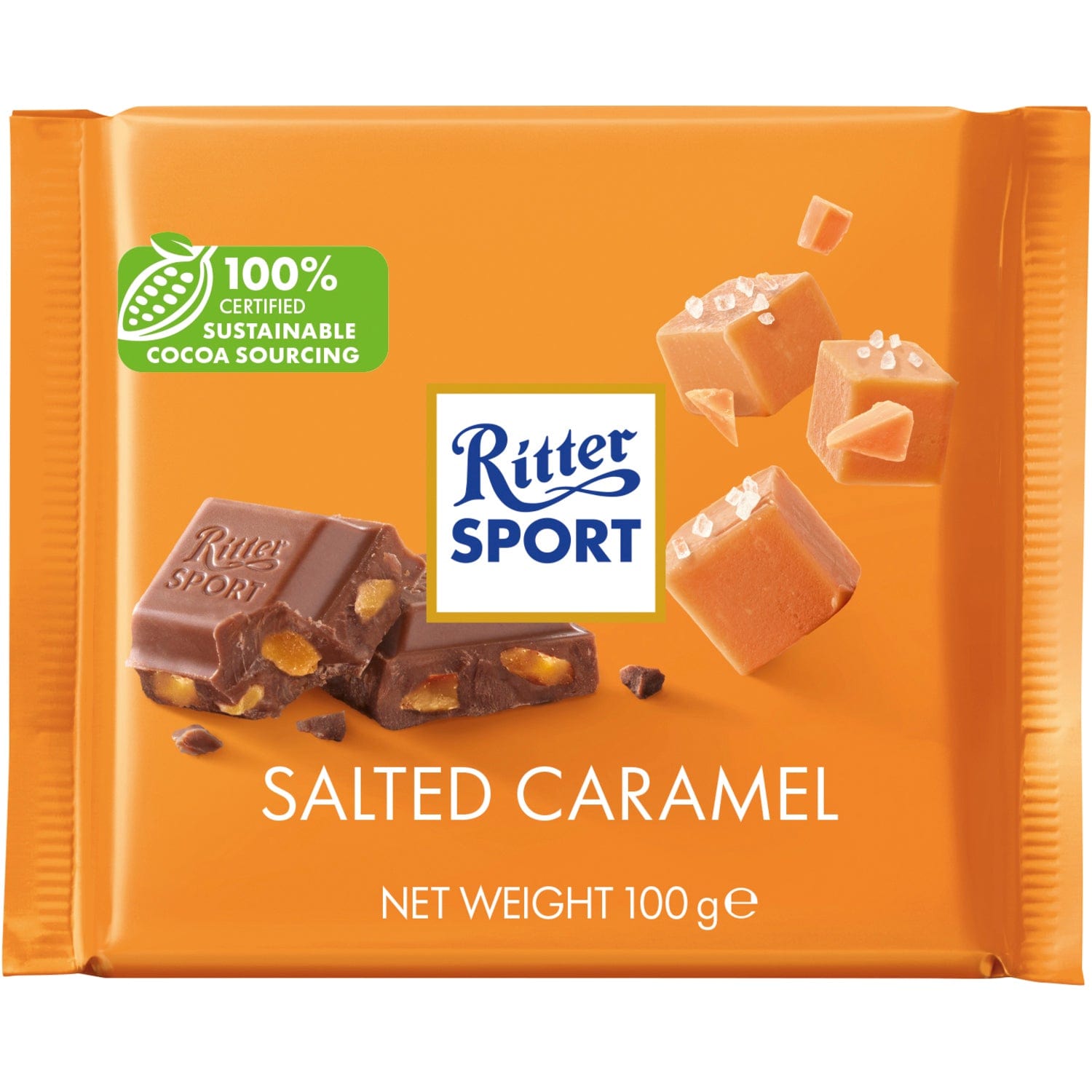 Jag Couture London-New York Ritter Sport milk chocolate bar with salted caramel, showing the chocolate piece with caramel filling.
