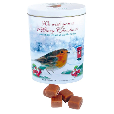 Robin Christmas tin of vanilla fudge by Jag Couture London - New York, featuring festive packaging and creamy vanilla fudge inside.