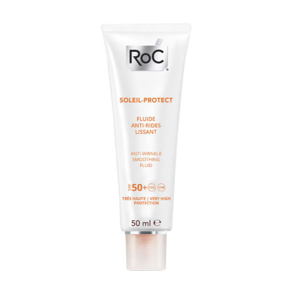 Jag Couture London New York Roc Soleil Protect Anti-Wrinkle Smoothing Fluid SPF50, 50ml, in a sleek skincare bottle.