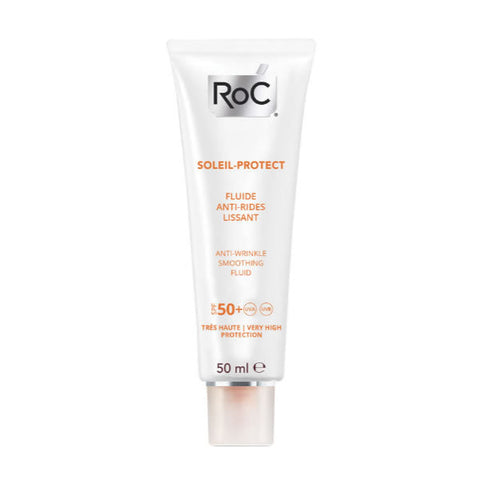 Jag Couture London New York Roc Soleil Protect Anti-Wrinkle Smoothing Fluid SPF50, 50ml, in a sleek skincare bottle.