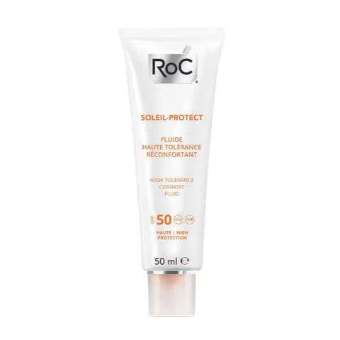 Jag Couture London Roc Soleil Protect High Tolerance SPF50 Comfort Fluid 50ml bottle showing a sleek skincare product with a white and blue design.