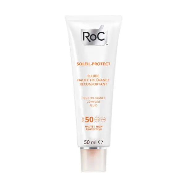 Jag Couture London Roc Soleil Protect High Tolerance SPF50 fluid in 50ml bottle, highlighting the lightweight, comfortable skincare formula.
