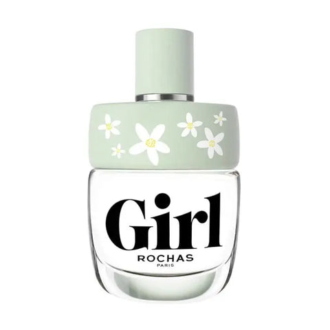 Rochas Girl Blooming Edition Eau de Toilette spray 100ml bottle with floral design, displayed on a white background.