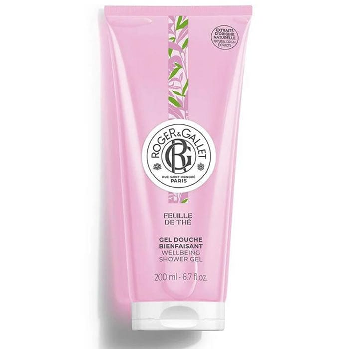 Roger & Gallet Feuille De Thé Gel Douche Bienfaisant in 200ml bottle, with fresh tea leaf scent and transparent packaging.