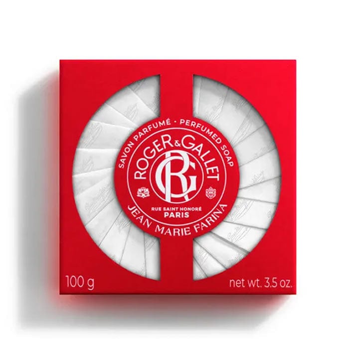 Roger & Gallet Jean Marie Farina scented soap bar, 100g, with elegant packaging and floral design, displayed on a neutral background.