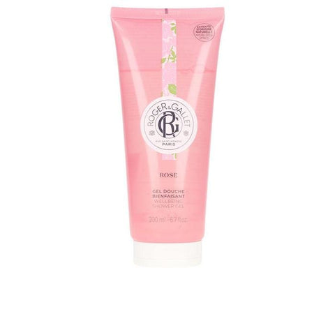 Roger & Gallet Rose Gel Douche Apaisant 200ml, soothing floral shower gel with rose extract, in a clear bottle.