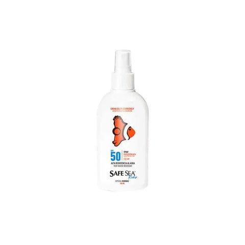 Safe Sea Kids Sunscreen Body SPF 50 spray by Jag Couture London, New York, in a 100ml bottle with a blue cap and pump spray.
