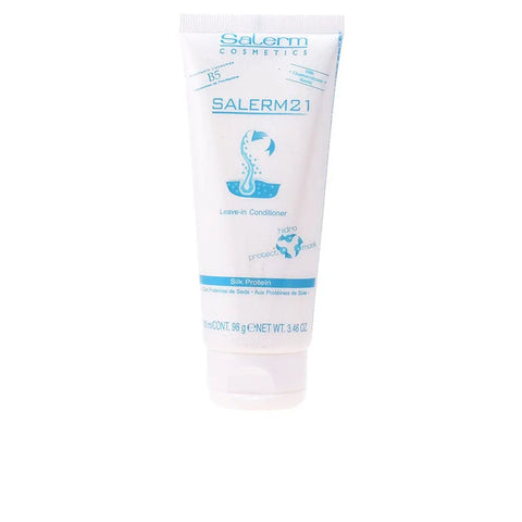 Salerm Cosmetics 21 Silk Protein Leave-in Conditioner 100ml, with sleek bottle design, displayed on a neutral background.