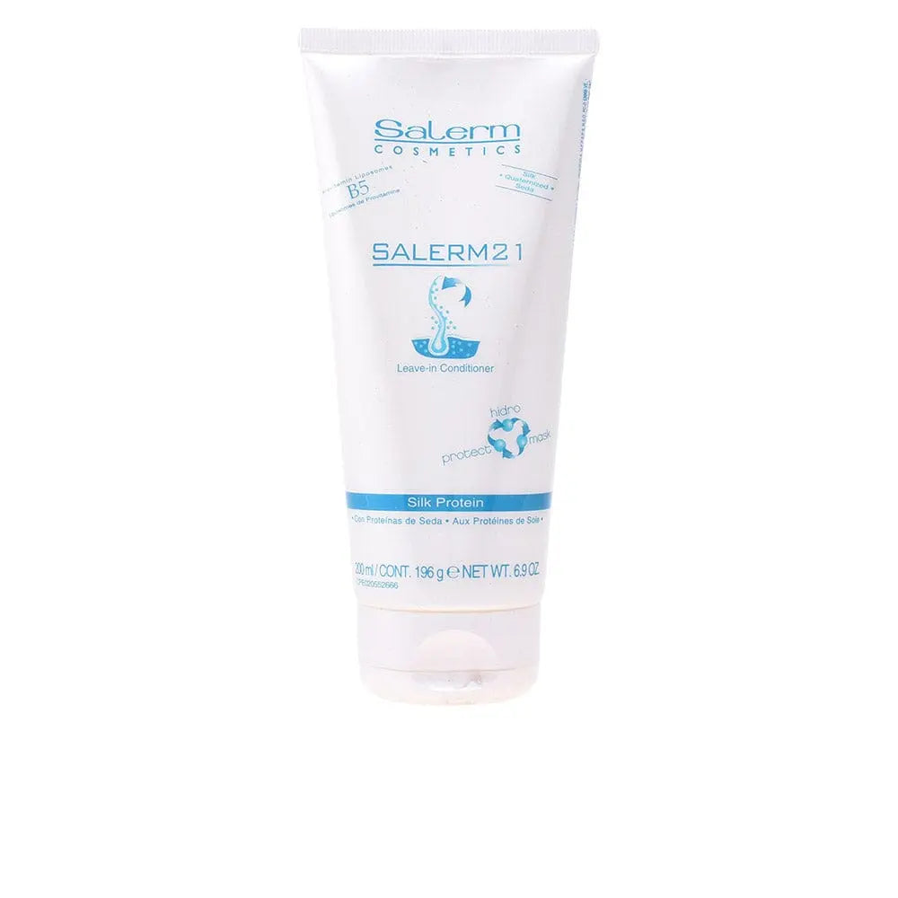Salerm Cosmetics 21 Silk Protein Leave-in Conditioner in 200ml bottle, displayed with brand branding in the background.