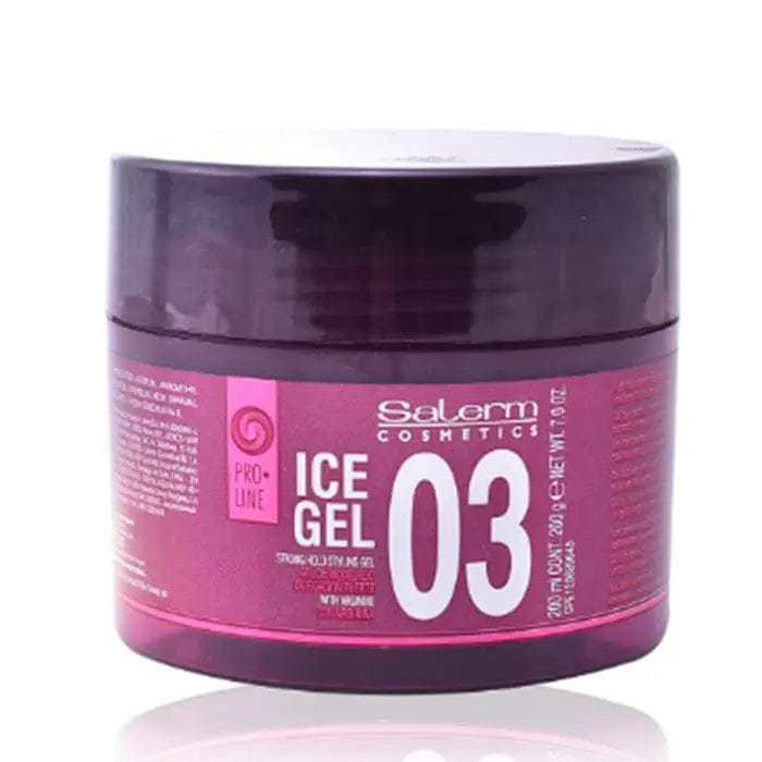 Salerm Cosmetics Proline Ice Gel 03 in 200ml jar, featuring clear gel with blue accents, displayed on a neutral background.