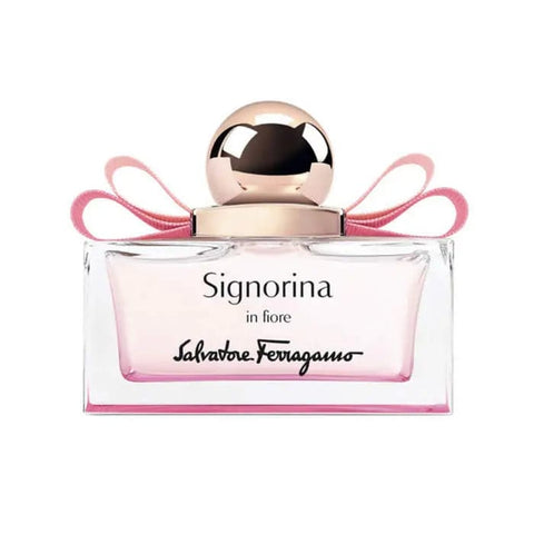 Salvatore Ferragamo Signorina In Fiore Eau De Toilette spray 100ml, elegant perfume bottle with floral design.