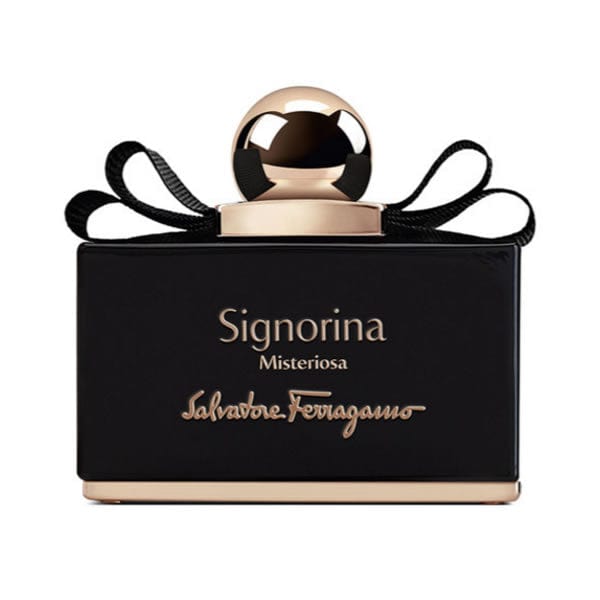 Salvatore Ferragamo Signorina Misteriosa Eau de Parfum spray bottle, 100ml, with elegant packaging and floral design.