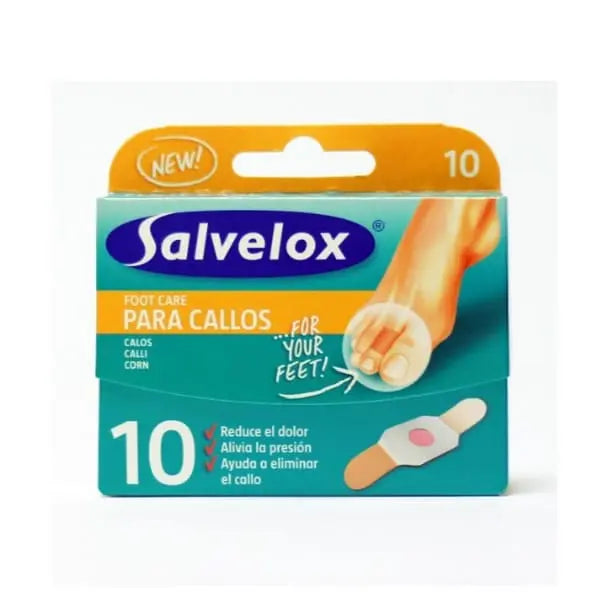 Salvelox foot care for corns in a box, by Jag Couture London New York, showing the packaging and 10 units.