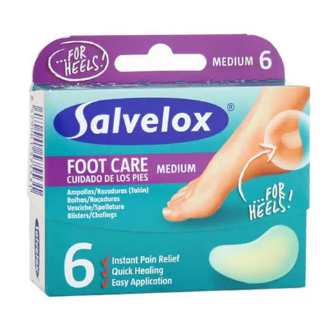 Salvelox foot care medium blister bandages by Jag Couture London for blisters, 6 units, 40×61 mm size on white background.