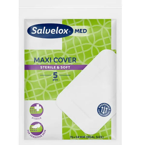 Salvelox Maxi Cover Plasters 5, 76x54mm by Jag Couture London New York, large adhesive bandages on a white background.