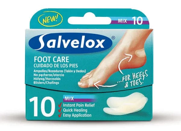 Salvequick Foot Care Mix Blisters pack with 10 units by Jag Couture London - New York, showing assorted blister care products in a box.