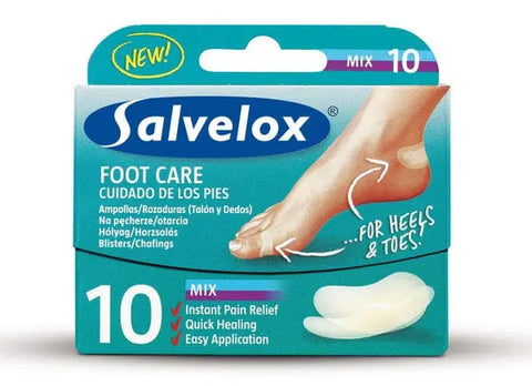 Salvequick foot care blister relief mix pack with 10 units, featuring assorted blister treatment strips by Jag Couture London New York.