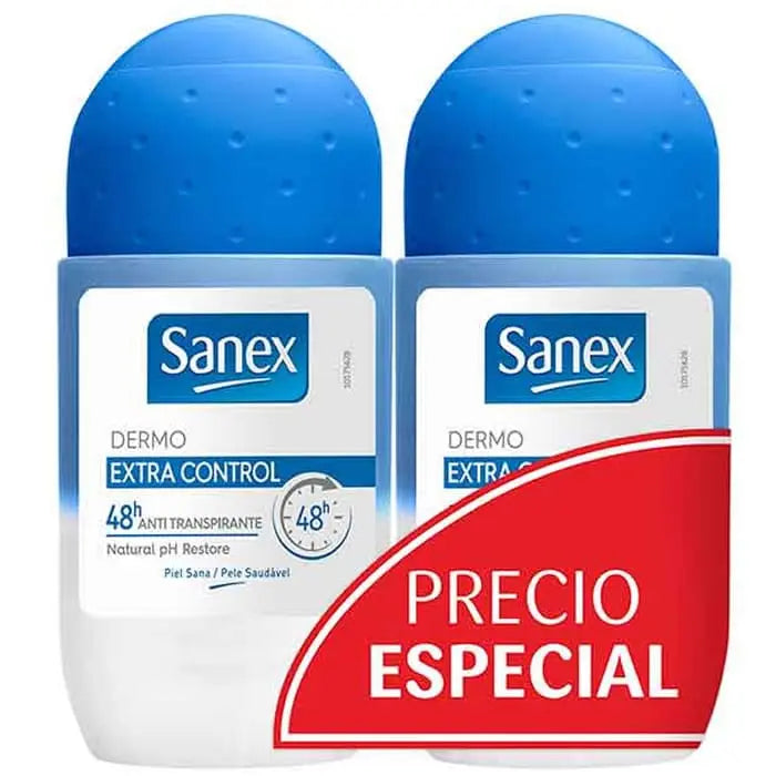 Sanex Dermo Extra Control 48h deodorant roll-on duplo set with two 50ml bottles, designed for long-lasting freshness.