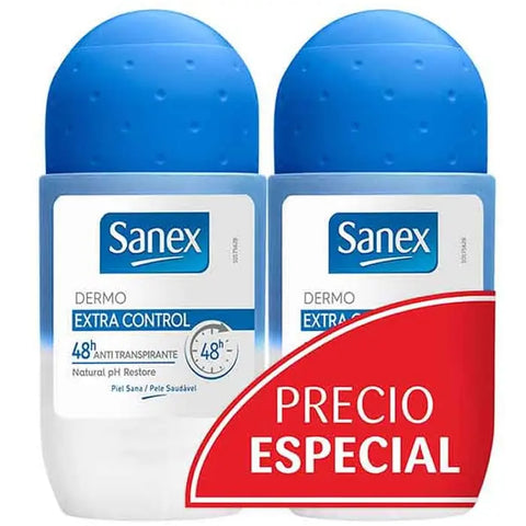 Sanex Dermo Extra Control 48h deodorant roll-on duo, 2x50ml bottles, featuring smooth application and long-lasting odor protection.