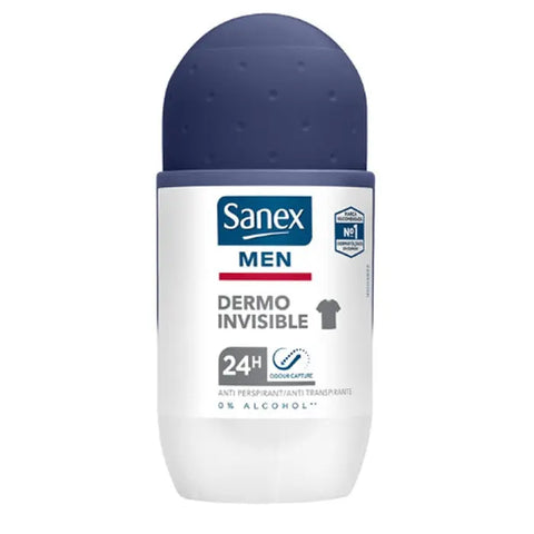 Sanex Men Dermo Invisible Deodorant Roll-On in 50ml, featuring clear, odor-fighting formula for everyday freshness.