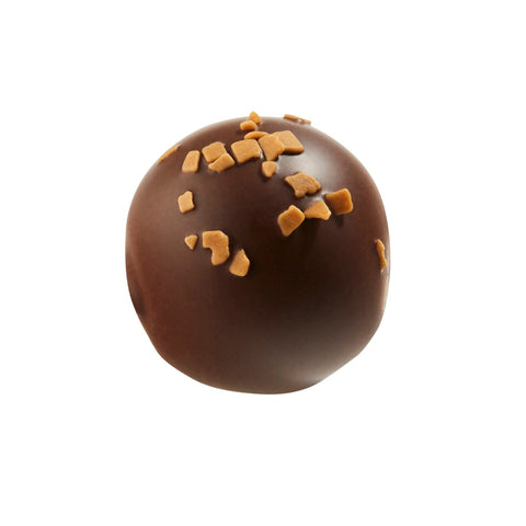 Sanna dark chocolate with salted caramel ganache by Jag Couture London, 13.7g, showing the glossy chocolate with caramel filling.