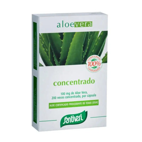 Santiveri Aloe Vera capsules in a bottle, dietary supplement by Jag Couture London New York, with green aloe vera leaves on label