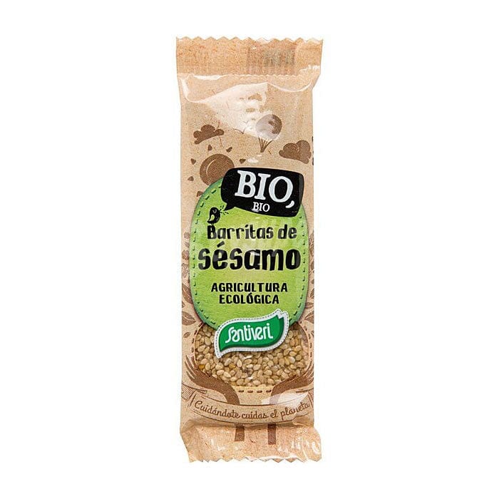 Santiveri Bio Sesame Barrita in 25g pack, shown in a box with 32 units, featuring sesame seeds and natural ingredients.