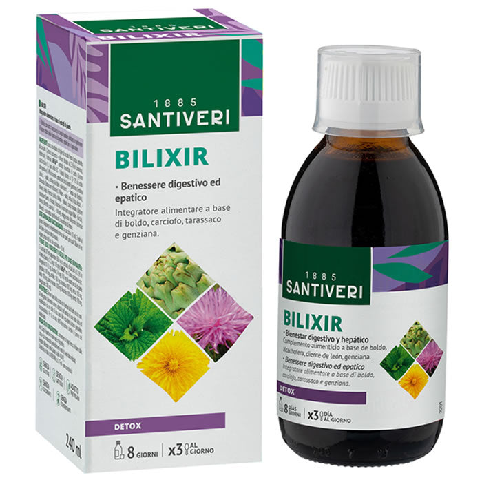 Santiveri Bilixir Syrup in a 240ml bottle, featuring natural herbal ingredients, from Jag Couture London - New York.