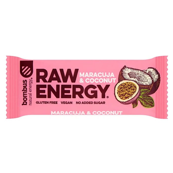 Santiveri Bombus Energy Passion Fruit Coconut supplement box with 20 units, featuring vibrant packaging and tropical flavor imagery.