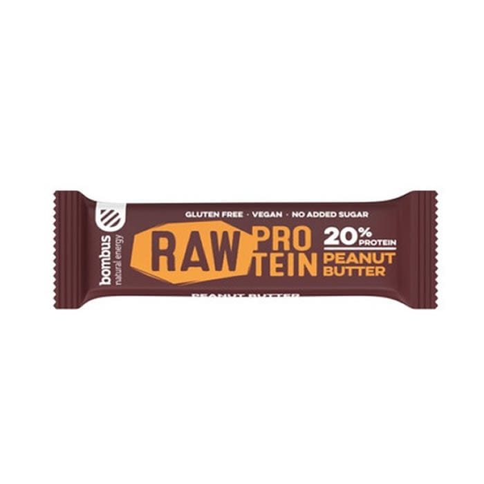 Santiveri Bombus Protein Peanut 20-unit pack, showing individually wrapped peanut protein bars with branding and packaging details.