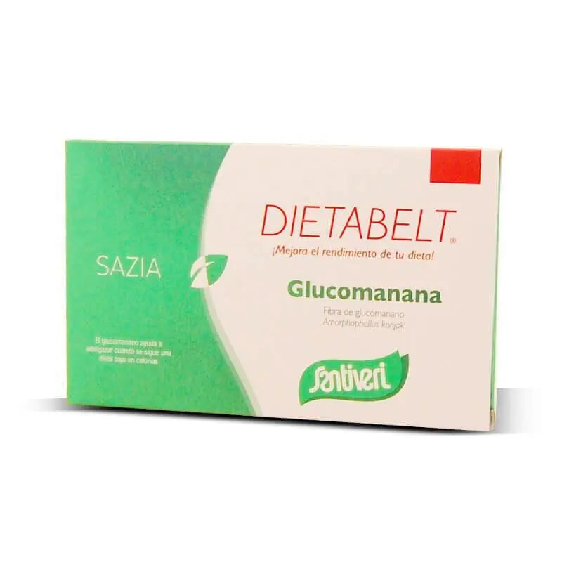 Santiveri Dietabelt Sazia Glucomannan capsules in a bottle, displayed with label showing 40 capsules, on a neutral background.