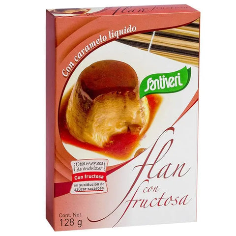 Santiveri Flan with Fructose in 128g package, showing the creamy dessert with a smooth texture and packaging label.