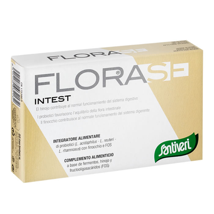 Santiveri Florase Intest probiotic capsules in a clear bottle with 40 capsules, displayed on a neutral background.