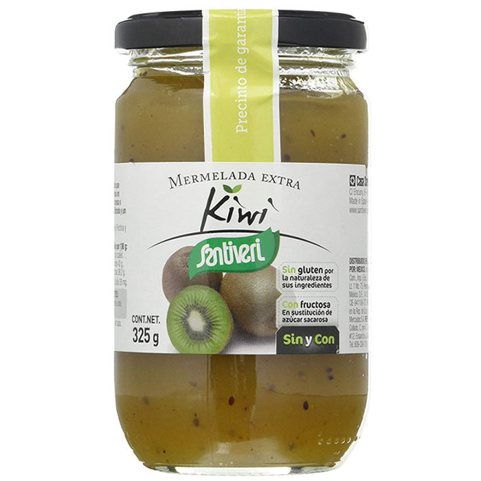Glass jar of Santiveri Kiwi Jam by Jag Couture London - New York, 325g, with fresh kiwi slices visible inside.