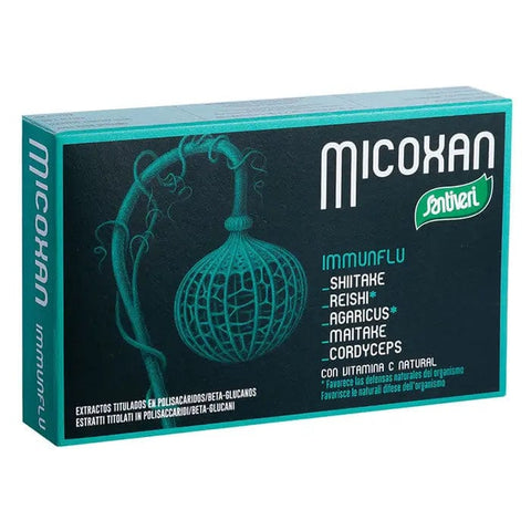 Santiveri Micoxan Immunflu 40 capsules by Jag Couture London – New York, showing the product bottle with label and capsules inside.