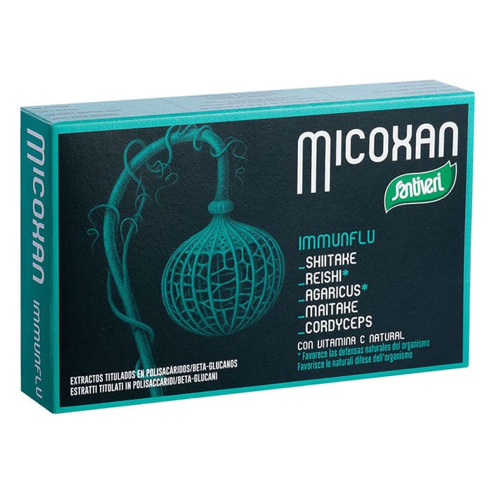 Santiveri Micoxan Immunflu 40 capsules, dietary supplement with herbal ingredients for immune support, in a clear plastic bottle.