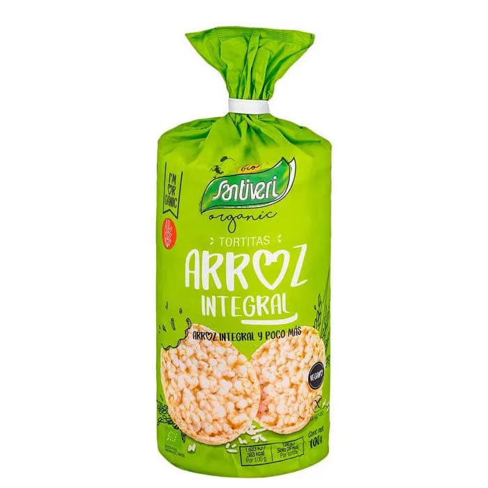 Organic rice pancakes from Santiveri, 100g, by Jag Couture London - New York, shown in a clear package with golden-brown pancakes.