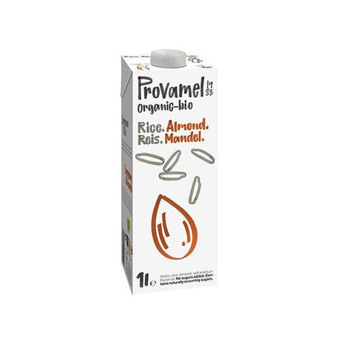 Organic almond rice drink by Santiveri Provamel in a pack of 8 one-liter cartons, featuring a creamy beverage in a glass.