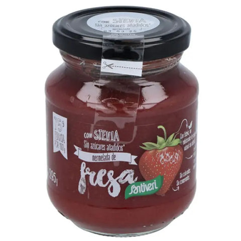 Jar of Santiveri strawberry jam with stevia by Jag Couture London–New York, 295g, showing fresh strawberries and jam spread.