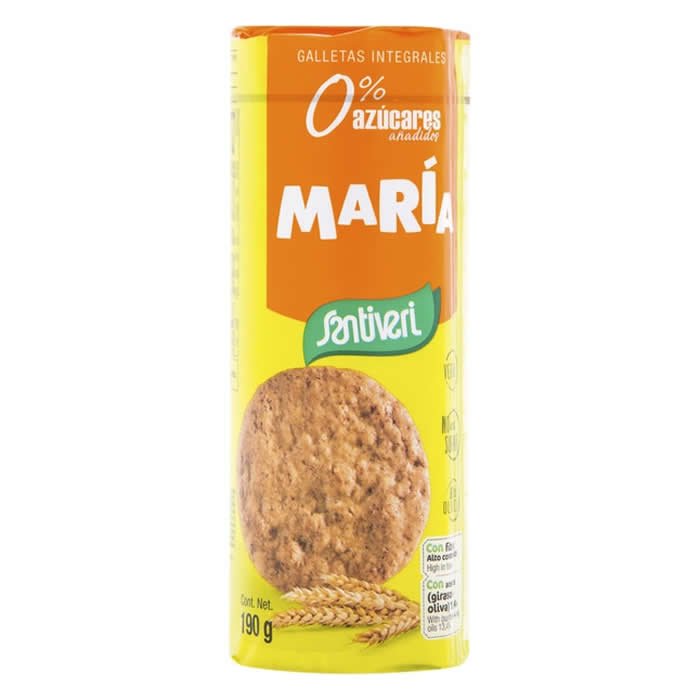 Santiveri Sugar Free Maria Biscuits in a clear package, featuring golden biscuits with traditional Maria design