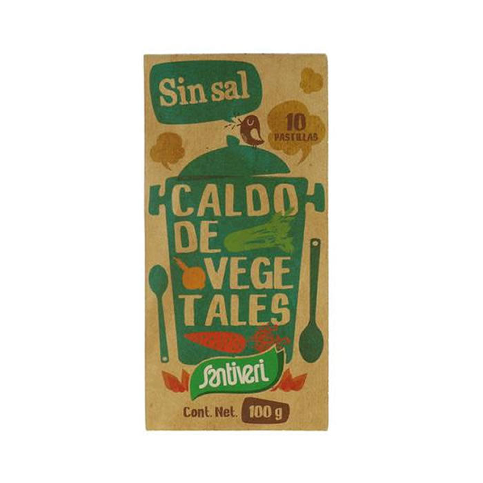 Santiveri Unsalted Vegetable Broth tablets in a box, 10 tablets, 100g, natural flavor, with fresh vegetable ingredients.